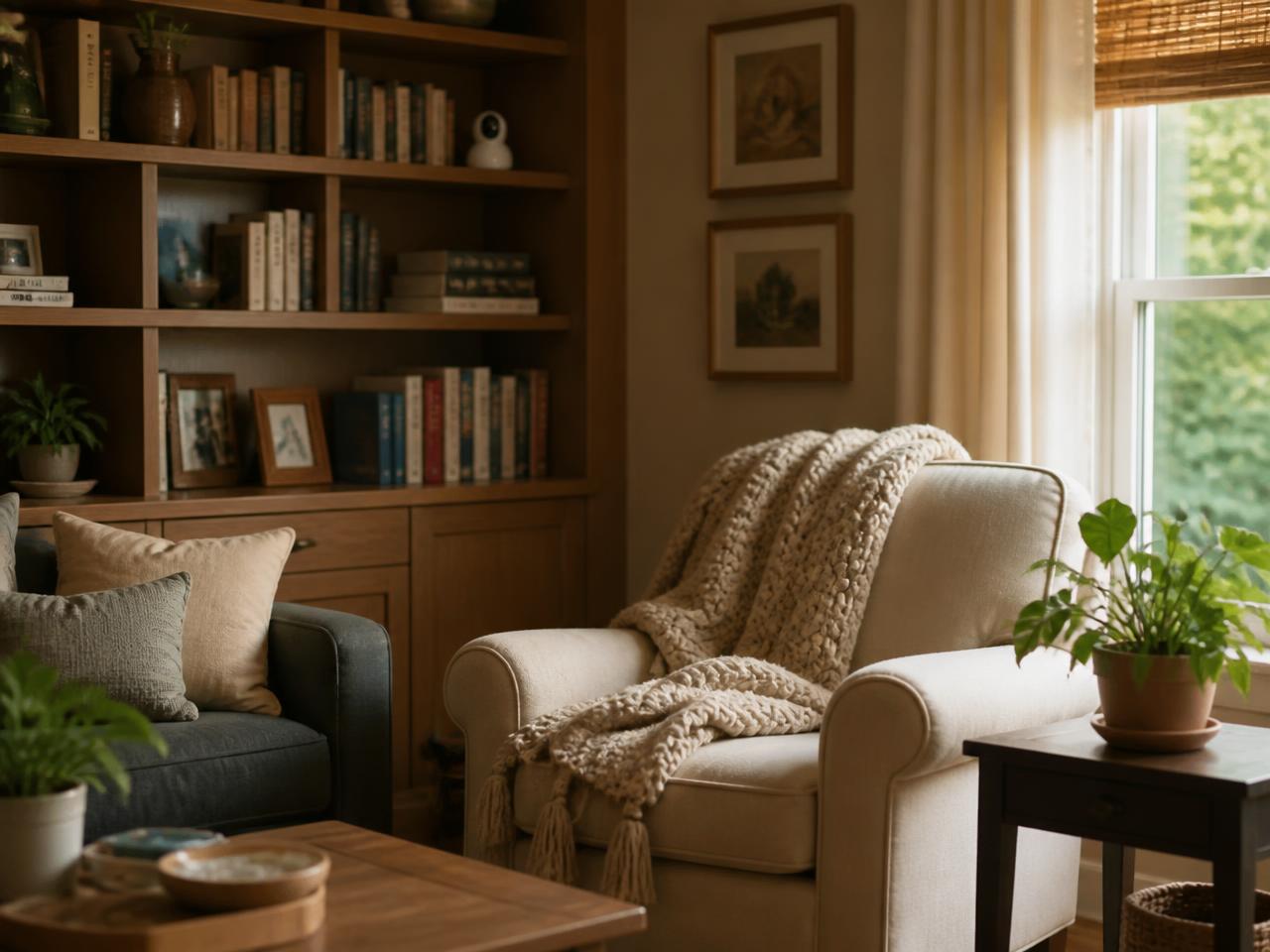 A comfortable living room with a small, discreet monitoring camera on a bookshelf